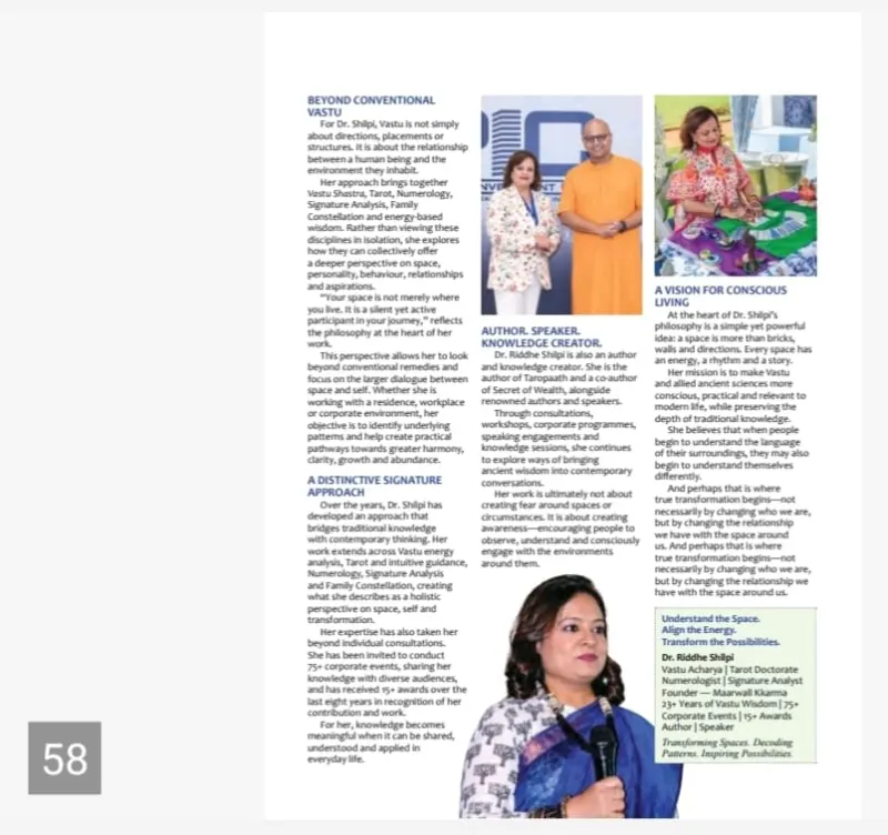 Woman’s Era article page 57 profiling Dr. Riddhe Sshilpi as author, speaker and Vastu Acharya